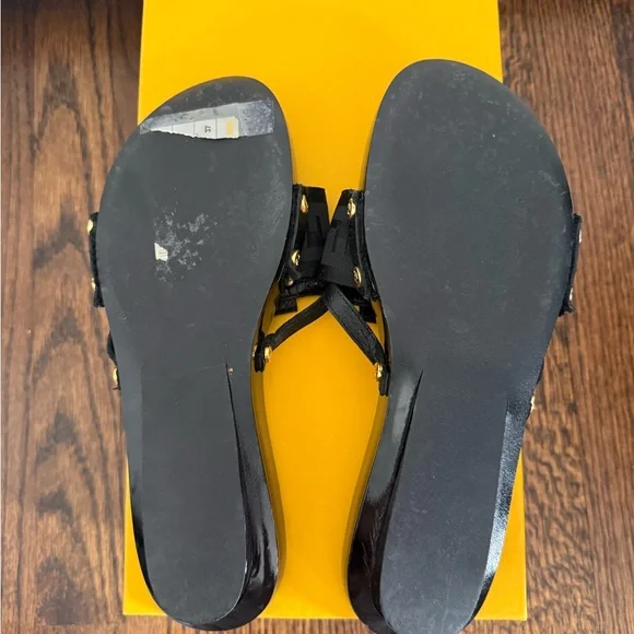 FENDI Authentic Black Wooden Slide Sandals w/ Logo Canvas & Gold Buckle, size 37 - Picture 7 of 9